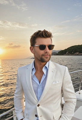 enjoying a sunset cruise party, wearing a light linen suit and sunglasses