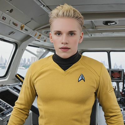 James t. kirk on uss enterprise bridge, starfleet uniform