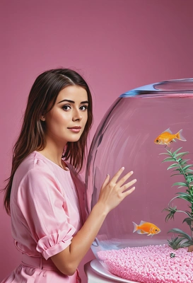 at photoshoot for fashion magazine hugging a round fish tank, on blurred background, symmetrical details, soft pink lighting