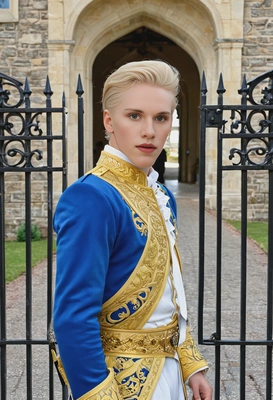 As Prince Charming, wearing royal attire, standing at the gates of a grand castle