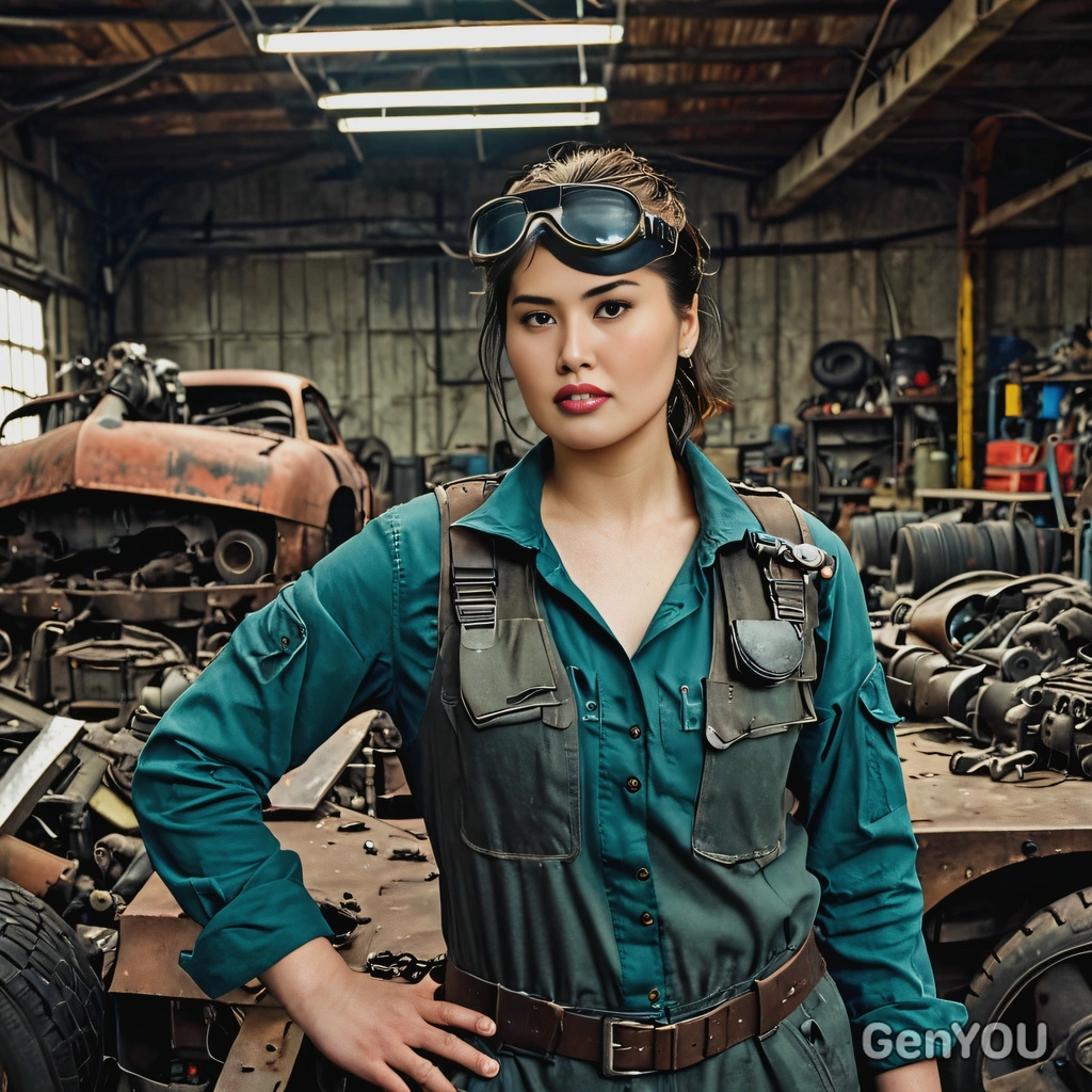 as a mechanic, curvy, welding goggles on forehead, old tattered jumpsuit, a heavy tank behind, weapons and ammo, junk, spare parts, in a garage behind, post-apocalyptic style, vivid colors, high-quality cinematography