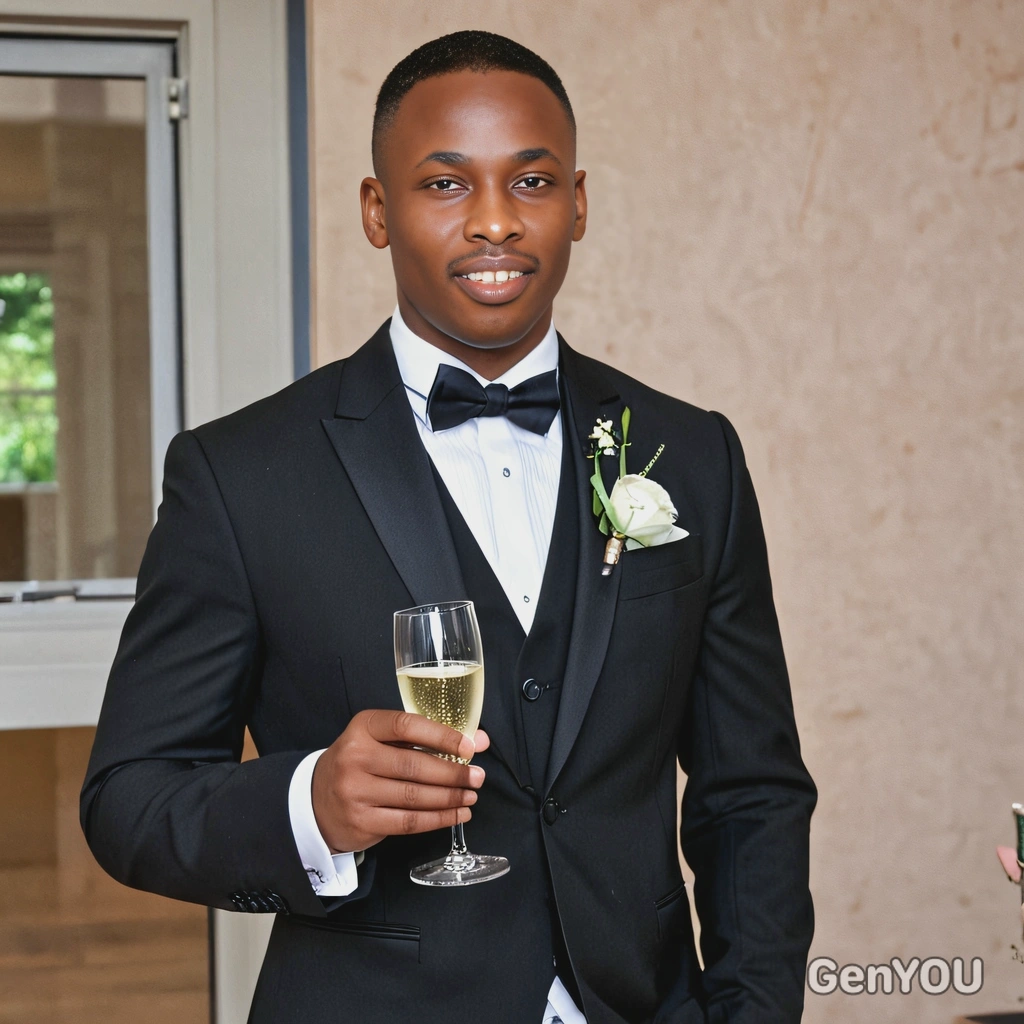 as the groom in a contemporary suit with a slim tie, holding a glass of champagne and enjoying the reception