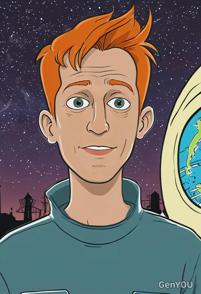 Hand-drawn flat cartoon style, Fry from Futurama, simple cartoon lines, oversized eyes, neon spaceship lighting, waist-up portrait, Planet Express background
