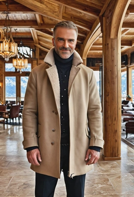 standing in a luxury ski lodge lobby, wearing a tailored coat, surrounded by opulent