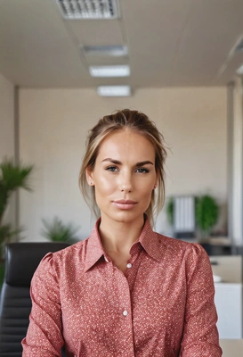 sharp high-quality portrait, sharp focus on face, freckles, confident smile, flight hair, lady boss in office dress-code red blouse, relaxed pose, blurry office background, midday indoor lighting