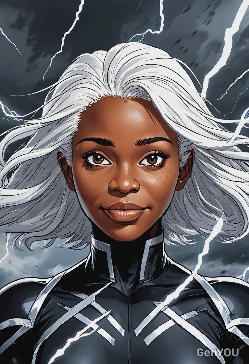 Hand-drawn flat cartoon style, Storm from X-Men, white hair, white eyes, dynamic outlines, oversized cartoon big sparkling eyes, stormy lightning lighting, waist-up portrait, turbulent sky background