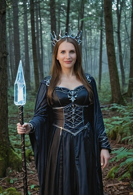 as a witch queen, holding a glowing crystal staff, standing in a dark forest