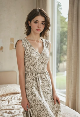 model wearing an elegant dress, modern fashion styling, detailed fabric texture, flattering silhouette. Bedroom interior background with soft natural light coming through the window, cozy and aesthetic atmosphere, neutral tones, neatly styled bed, minimal decor. Professional fashion photography, lifestyle editorial style, shallow depth of field, high resolution, realistic skin tones, soft shadows.