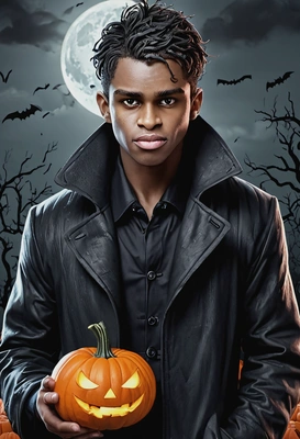 as a spooky character for halloween, coat, pumpkins, eyes on you, high-quality stylized art, cartoonish style, visible brushstrokes