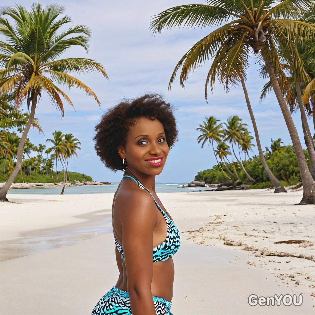 on a white sandy beach, with palm trees 