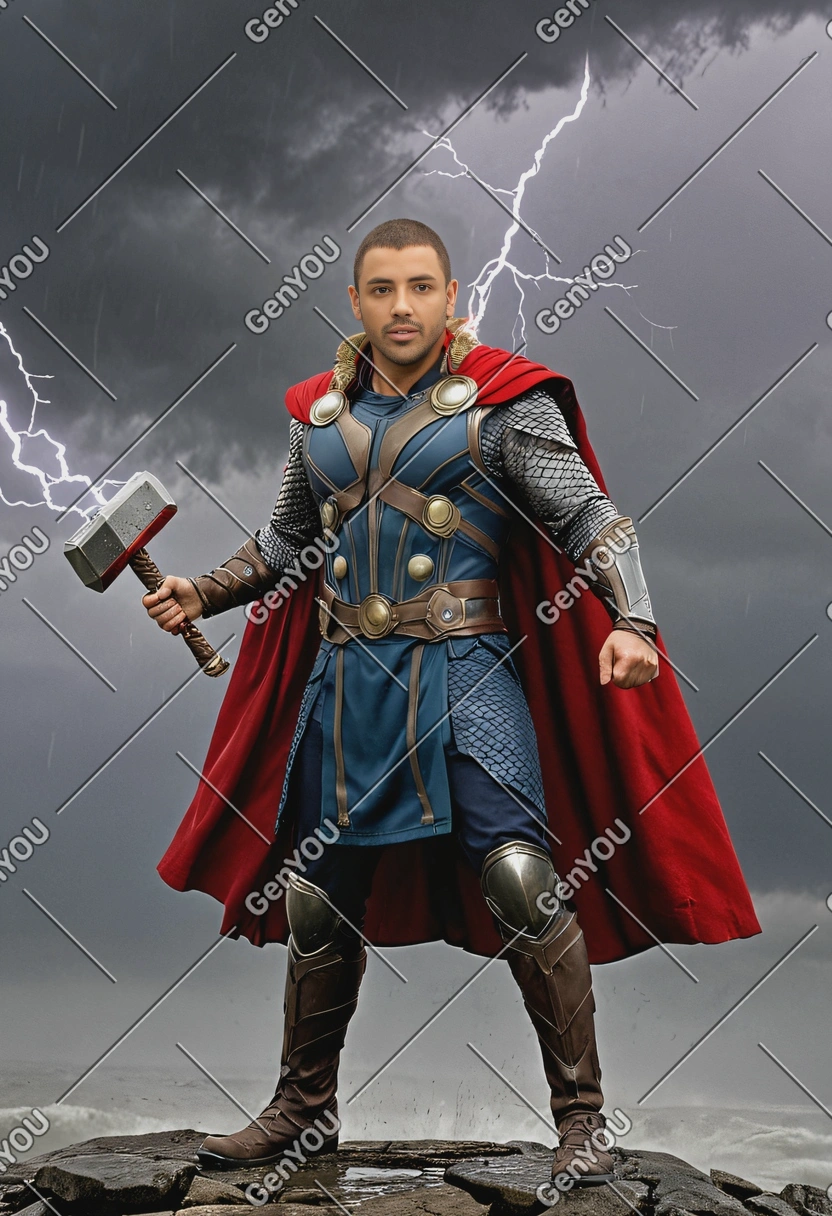 as Thor, wearing his Asgardian armor with a red cape and holding Mjolnir, standing in a storm with lightning crackling around him, full body pose