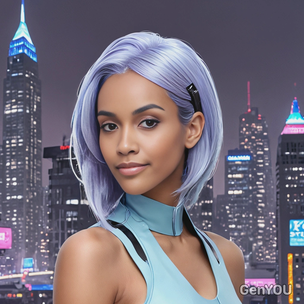 sleek, shoulder-length hair in pastel blue with icy lavender tips, styled with a futuristic glow, against a cool-toned cyberpunk cityscape