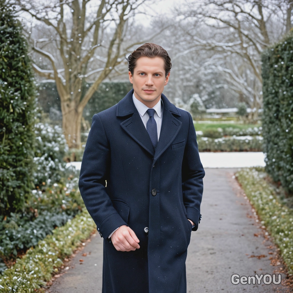 in a tailored overcoat, walking through a snowy estate. Blurred background, soft focus, looking at viewer