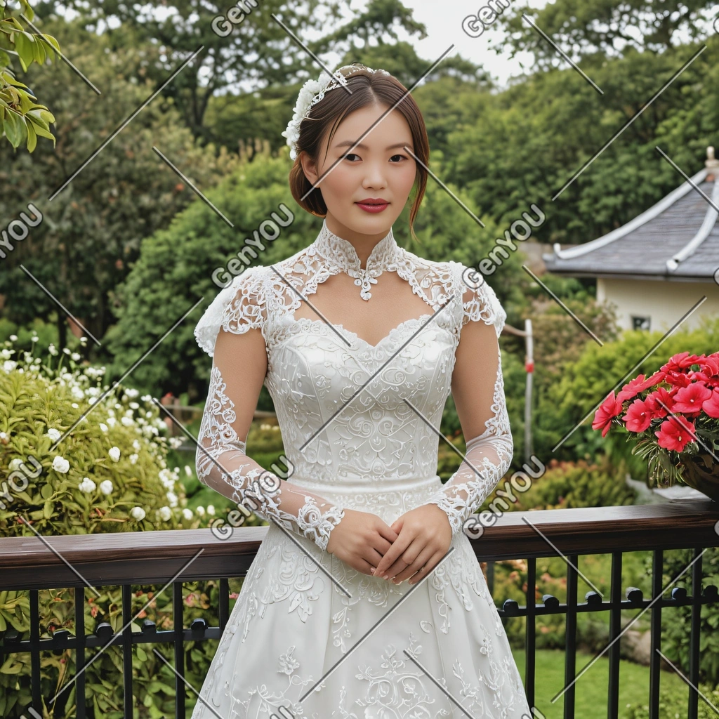 as a bride in a Victorian-inspired gown with lace sleeves, standing on a balcony overlooking a garden