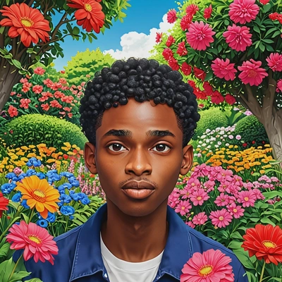 in a garden with vibrant flowers, anime style, big eyes, manga drawing