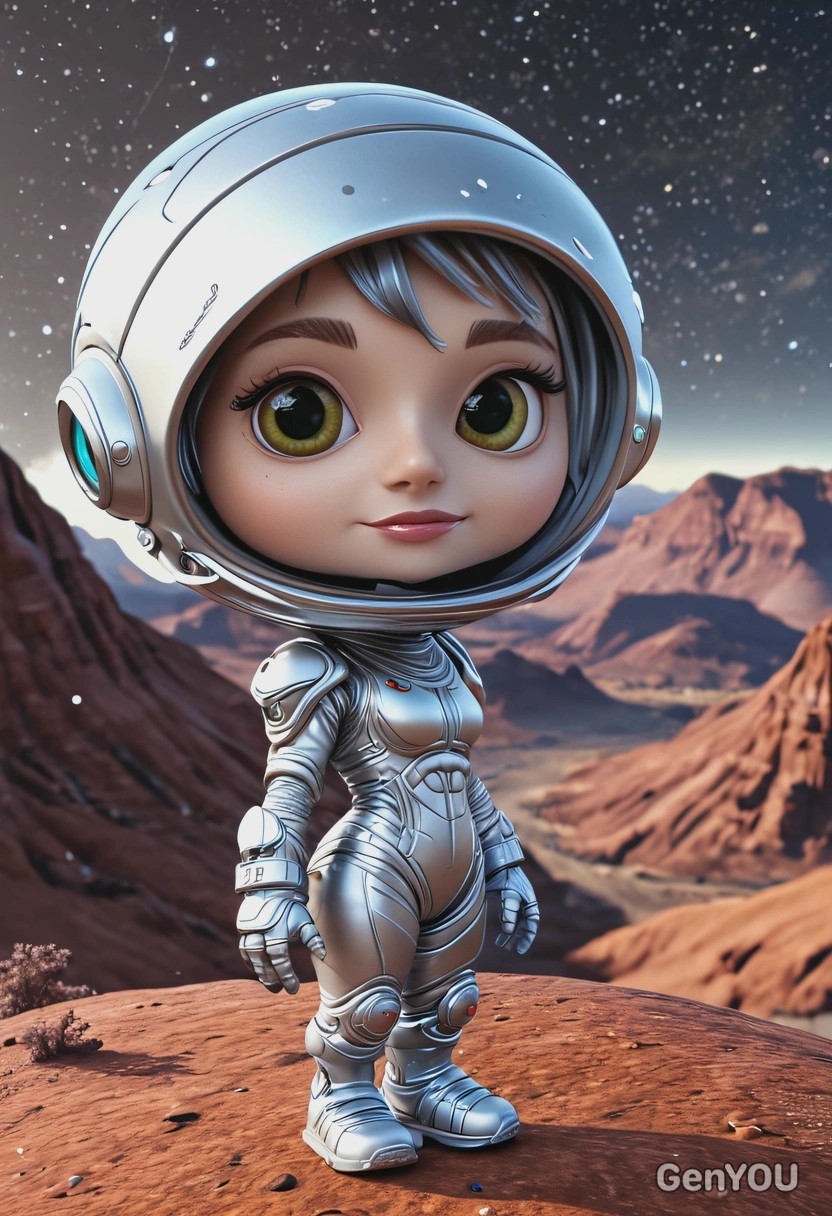 3D sci-fi chibi style, curious alien traveler in silver spacesuit, oversized cartoon big sparkling eyes, waist-up pose, glowing alien planet landscape