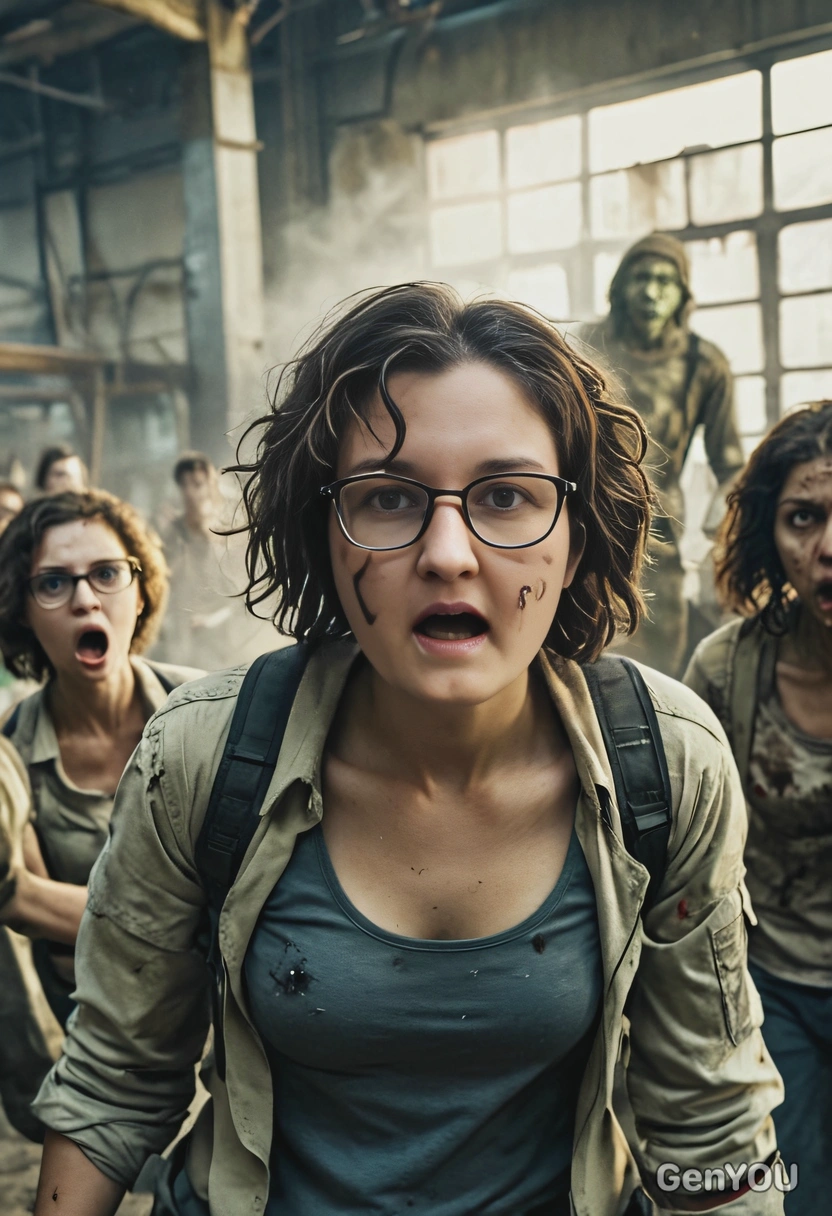 fighting surrounded by zombies, abandoned factory, dark curly hair, yellowish colors, high-quality cinematographic style, blurred background, big glasses, screaming, eyes closed