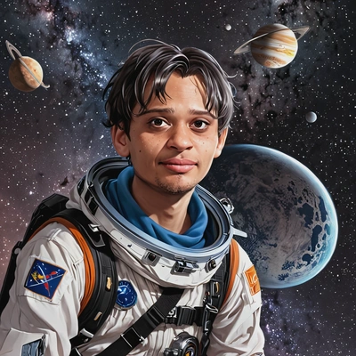 floating in space with stars and planets in the background, anime style, big eyes, manga drawing