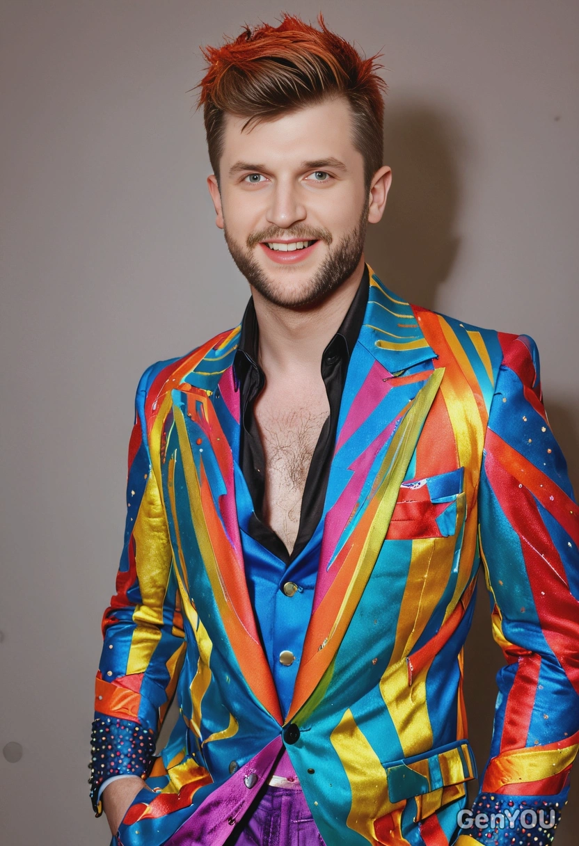 Dressed as David Bowie at a costume party, wearing a colorful suit and a Ziggy Stardust makeup, full-body image, background lights
