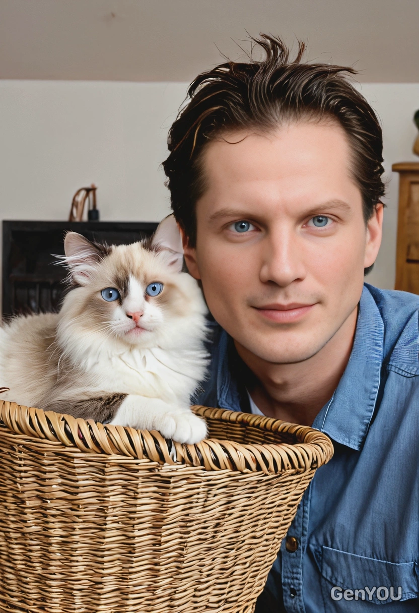 with a Ragdoll cat in a basket