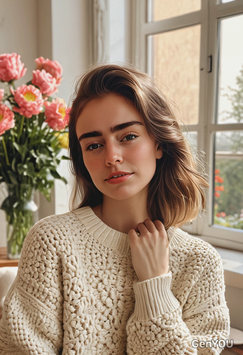 iPhone camera quality, sharp skin texture details, hyperrealistic textured face skin, wearing oversized sweater with chunky flowers embroidery, romantic pose, blurry contemporary living room interior background, morning sun rays from the window