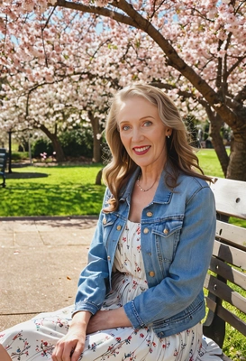 wearing a light denim jacket over a flowy dress, sitting on a park bench with cherry blossoms in the background, with sunlight filtering through the branches