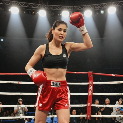 as a boxer, wearing red boxing gloves and shorts, standing in a boxing ring, mid-punch under the spotlight with the audience cheering