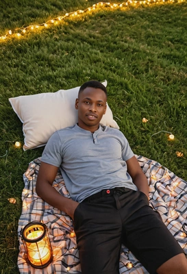 lying on a blanket in a grassy field, surrounded by twinkling fairy lights and glowing lanterns as they watch the sunset