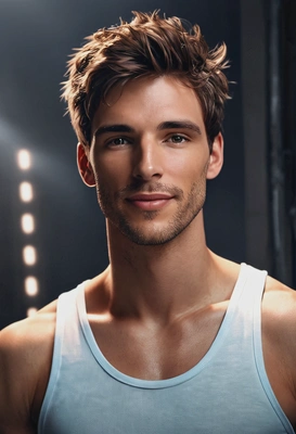 as a hyperrealistic flirty man in a seductive pose, half-body high-quality portrait, dramatic cinematic  photo effect, lit by blinding lights, tank top, eyes on viewer, blurry futuristic background