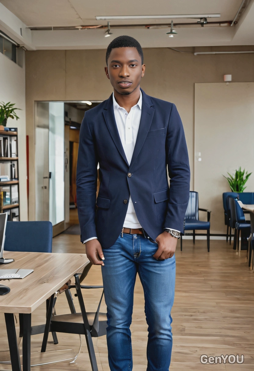 as a young entrepreneur in a casual blazer and jeans, standing in a co-working space, full body  