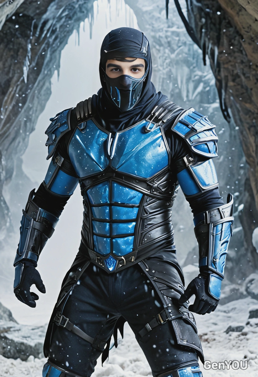 as Sub-Zero, dressed in his blue and black armor with a frosty aura, standing in an icy cavern with snow falling around him, ready to unleash an ice blast