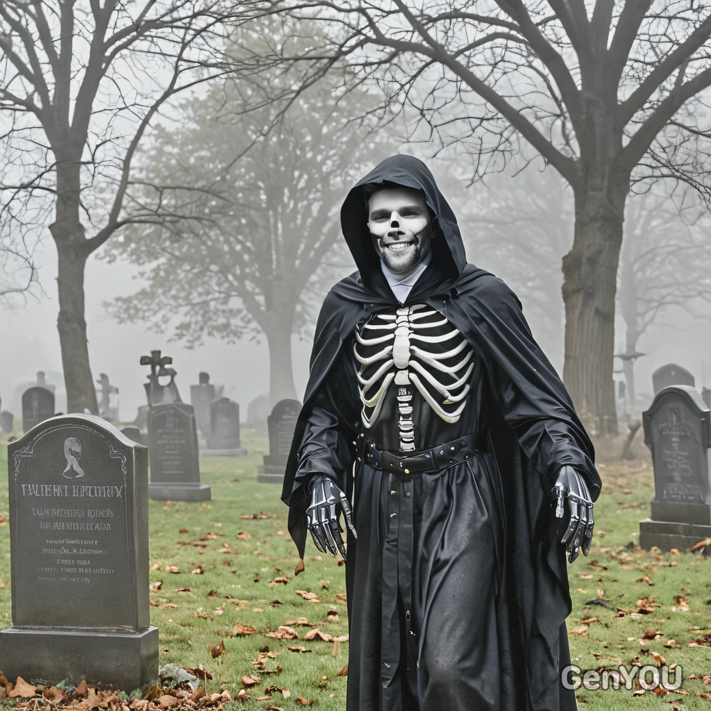 in a grim reaper costume, standing in a misty graveyard with tombstones behind