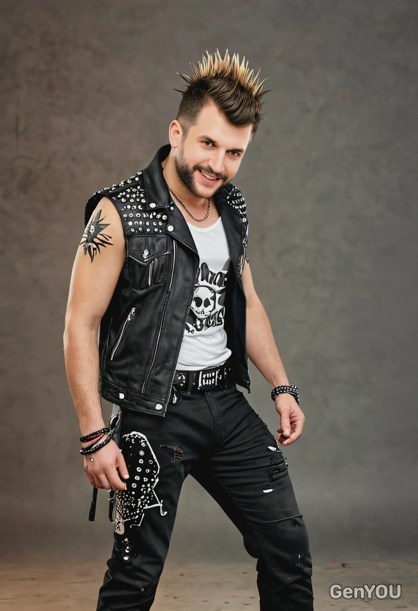 as a rockstar, mohawk, full body image, party blurry background