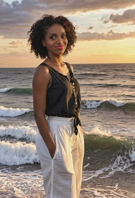 wearing a casual linen costume, with a picturesque sunset and waves crashing in the background, half body view 