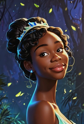 2D cartoon Disney style, Tiana from The Princess and the Frog, waist-up portrait, bold and vibrant multiplications with dynamic, fluid movement, bayou background with glowing fireflies and rich blues