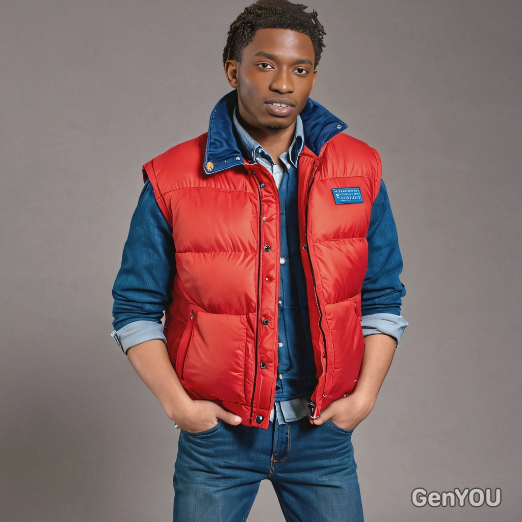 as Marty McFly from Back to the Future, wearing a red puffer vest and denim jacket, full body view