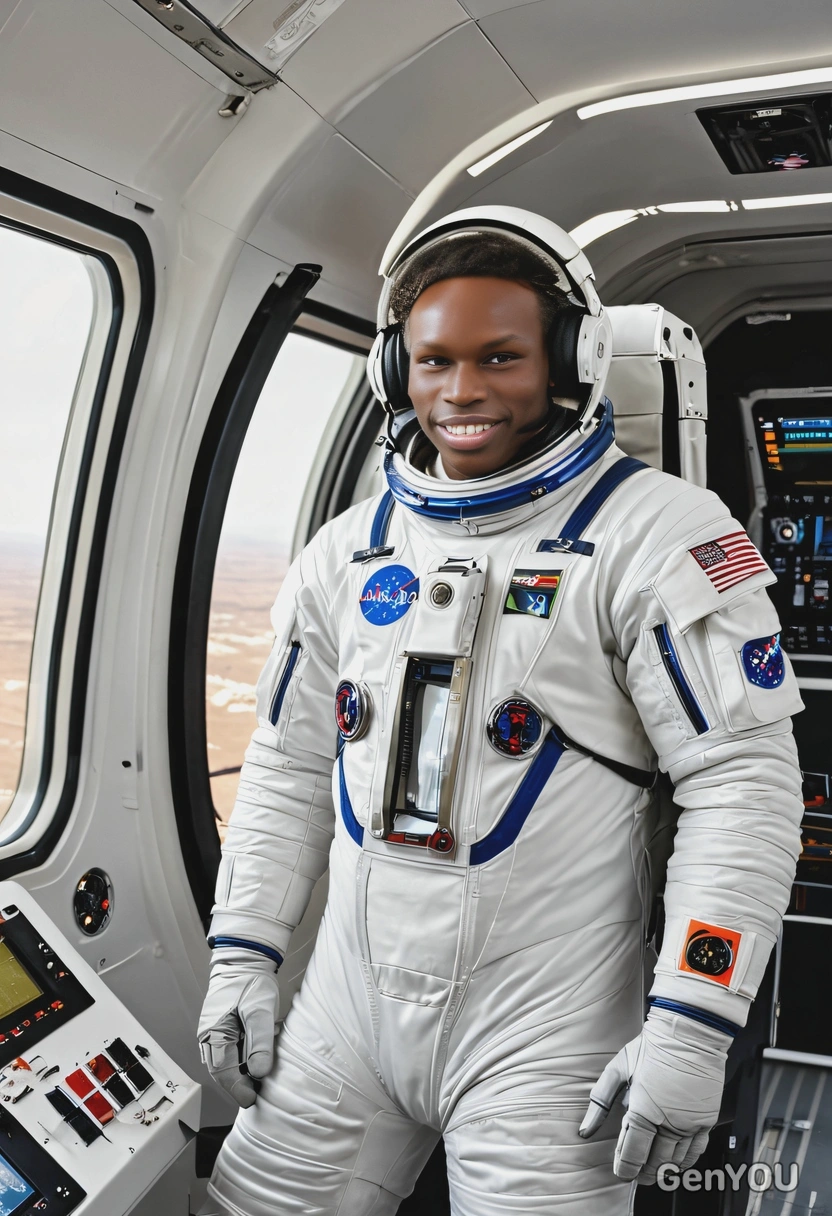as an astronaut, wearing a sleek white space suit with a helmet under one arm, standing in a futuristic spacecraft with control panels and a view of Earth through the window