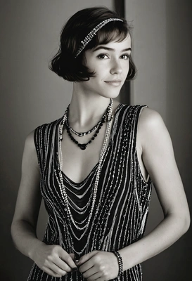 classic flapper fashion, wearing a striped dress with a dropped waistline, long strands of beaded necklaces, hair is styled in the iconic 1920s bob cut with finger waves, romantic posing, typical of the Art Deco period styling and composition, captured in black and white photography with dramatic lighting and shadows, makeup features the distinctive dark eyes and defined lips, blurry  vintage cock