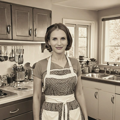 in 1950s apron, standing in a retro kitchen, with a vintage sepia effect