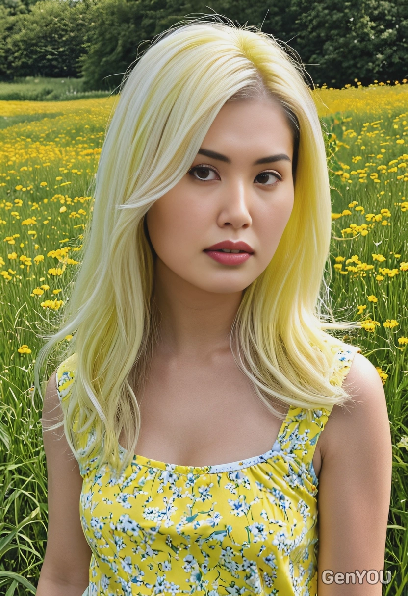 medium-length hair dyed pastel lemon yellow with soft white highlights, styled in a classic blowout, against a bright summer meadow