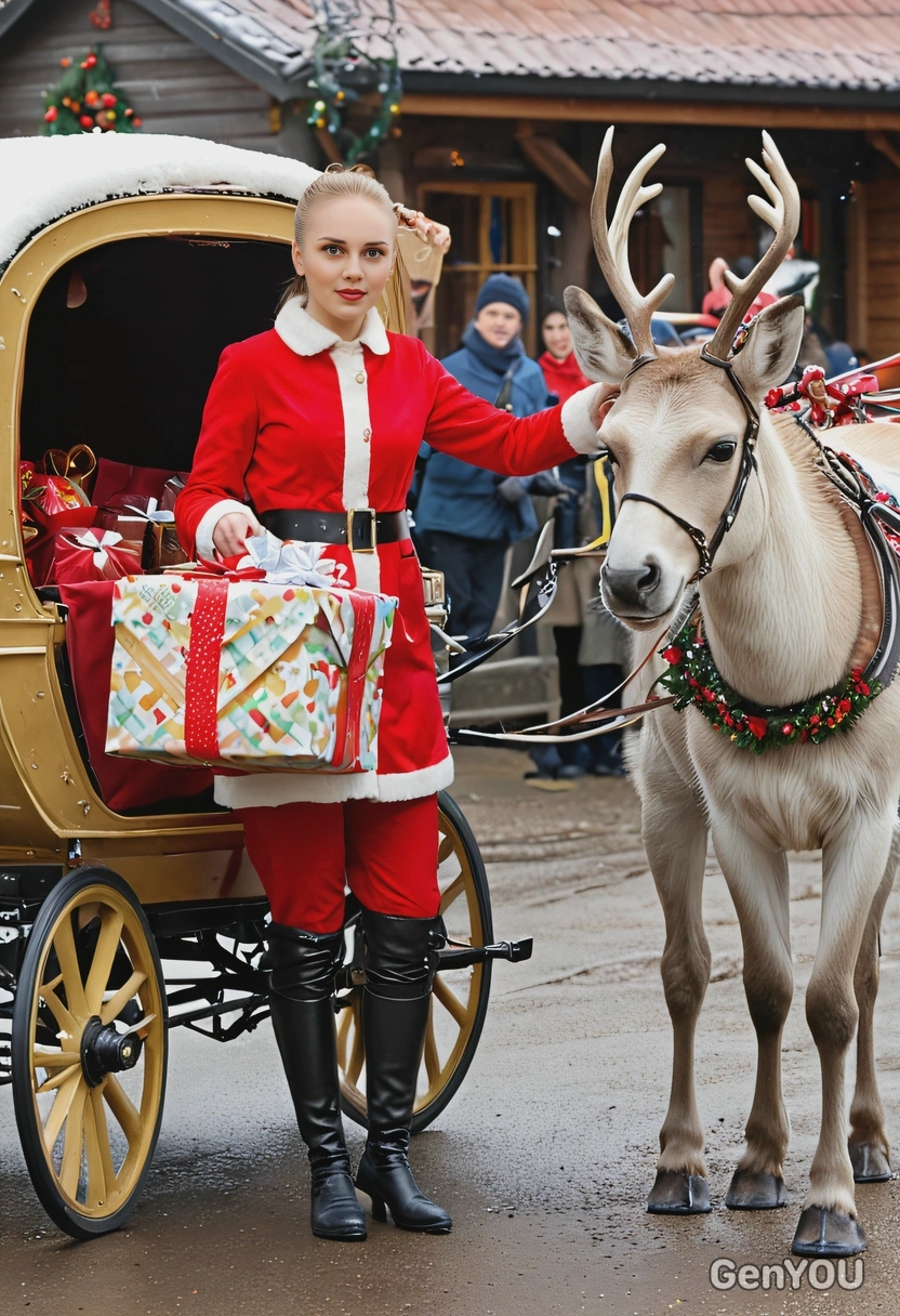 delivering presents in a Christmas carriage pulled by reindeer team
