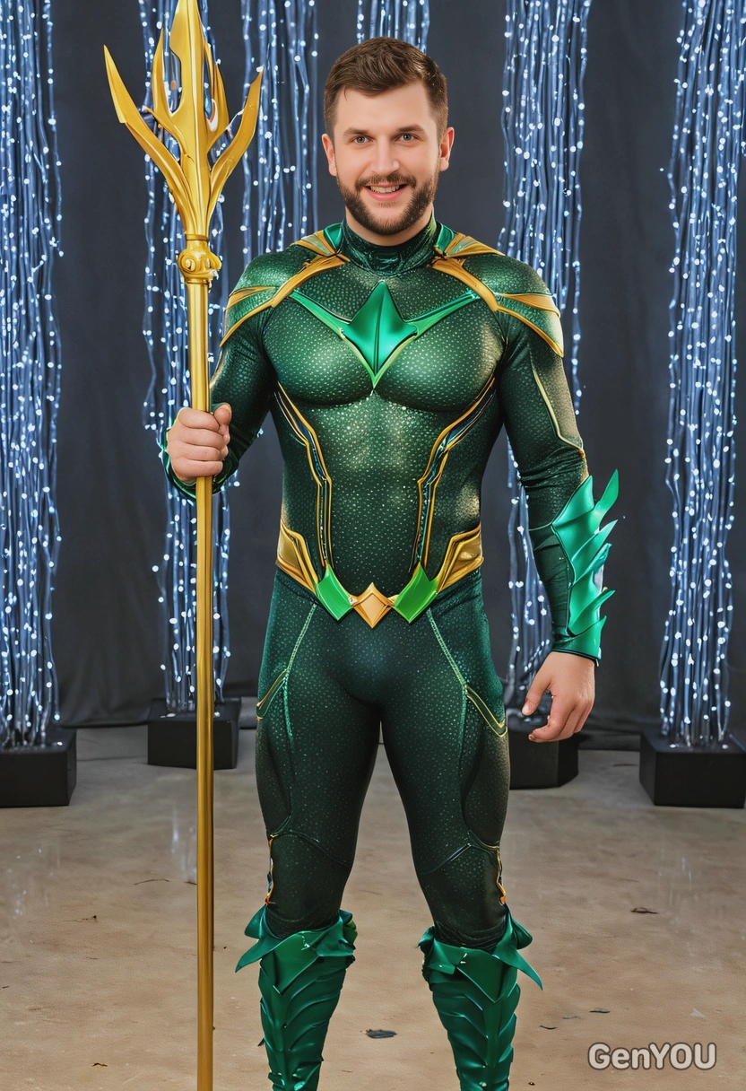 in aquaman costume, full body image, costume party setting, lights everywhere