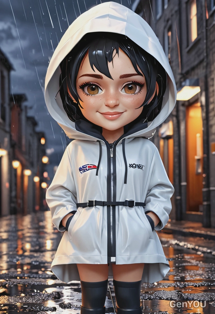 Chibi 3D cartoon style, female character with large hazel eyes, short black hair, wearing a raincoat, standing in a glowing rainy street background with reflective puddles, waist-up portrait