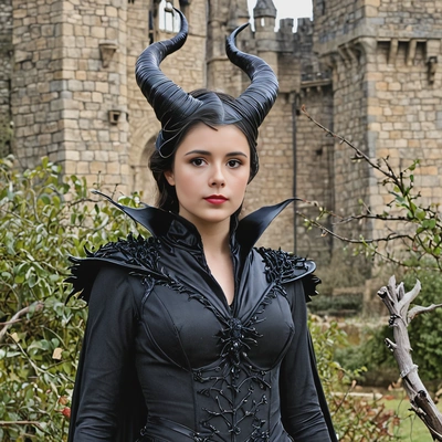 As Maleficent, wearing a dark flowing gown with horned headdress, standing before a thorn-covered castle 