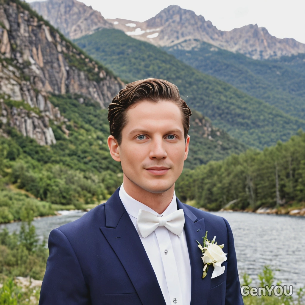 as the groom in a sharp navy blue tuxedo with a white bow tie and a matching boutonnière, posing with a scenic mountain backdrop