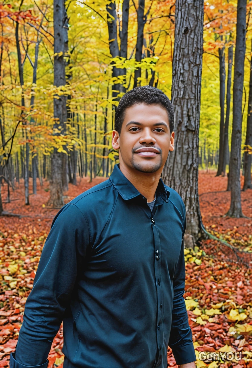 in a forest, with colorful leaves swirling around