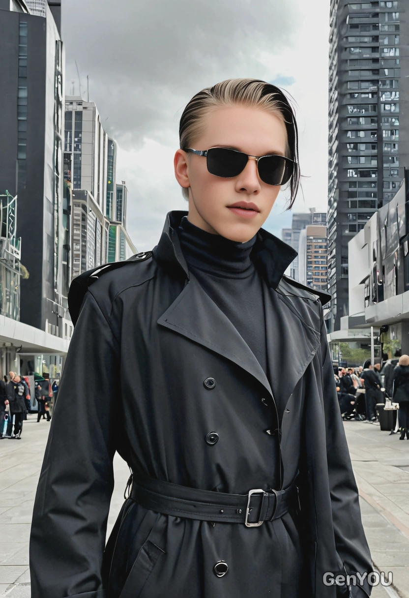 as Neo from The Matrix, wearing a long black trench coat and sunglasses, standing in a futuristic cityscape