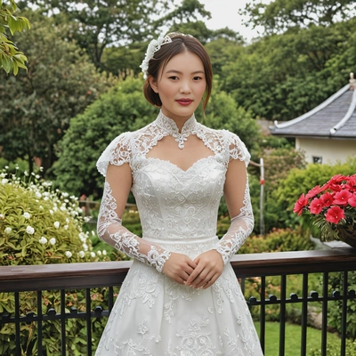as a bride in a Victorian-inspired gown with lace sleeves, standing on a balcony overlooking a garden