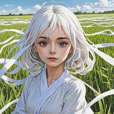 in an open field with flowing ribbons, anime style, big eyes, manga drawing