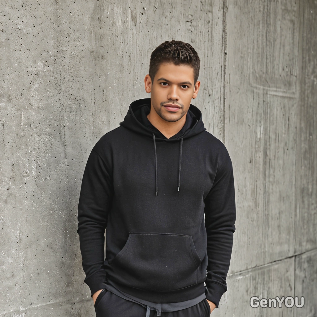 mid-shot, with an undercut, in a minimalist black hoodie and joggers, against a simple concrete wall, looking at camera 